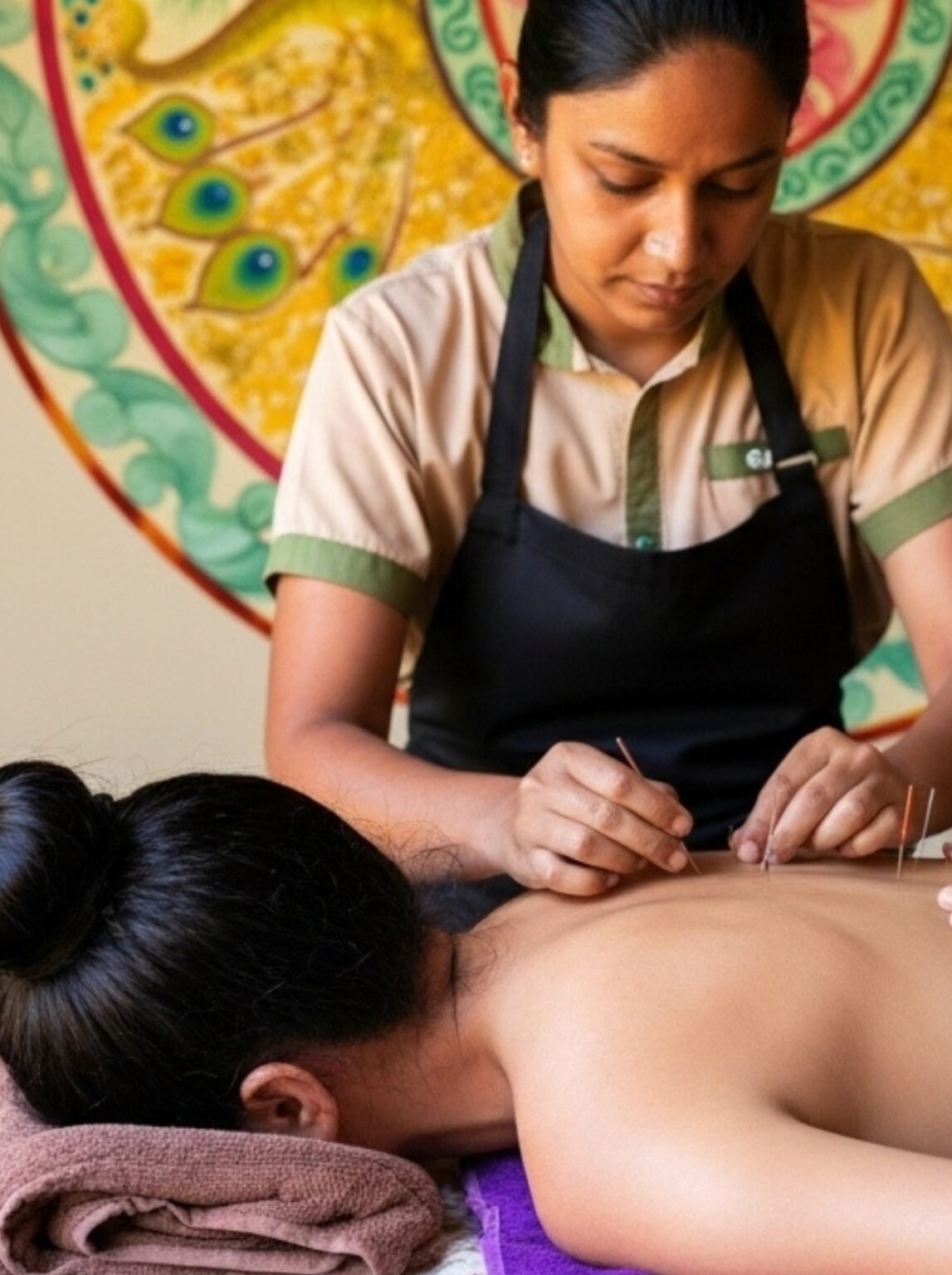An acupuncture practitioner places needles in a guest’s upper back at Rekawa
