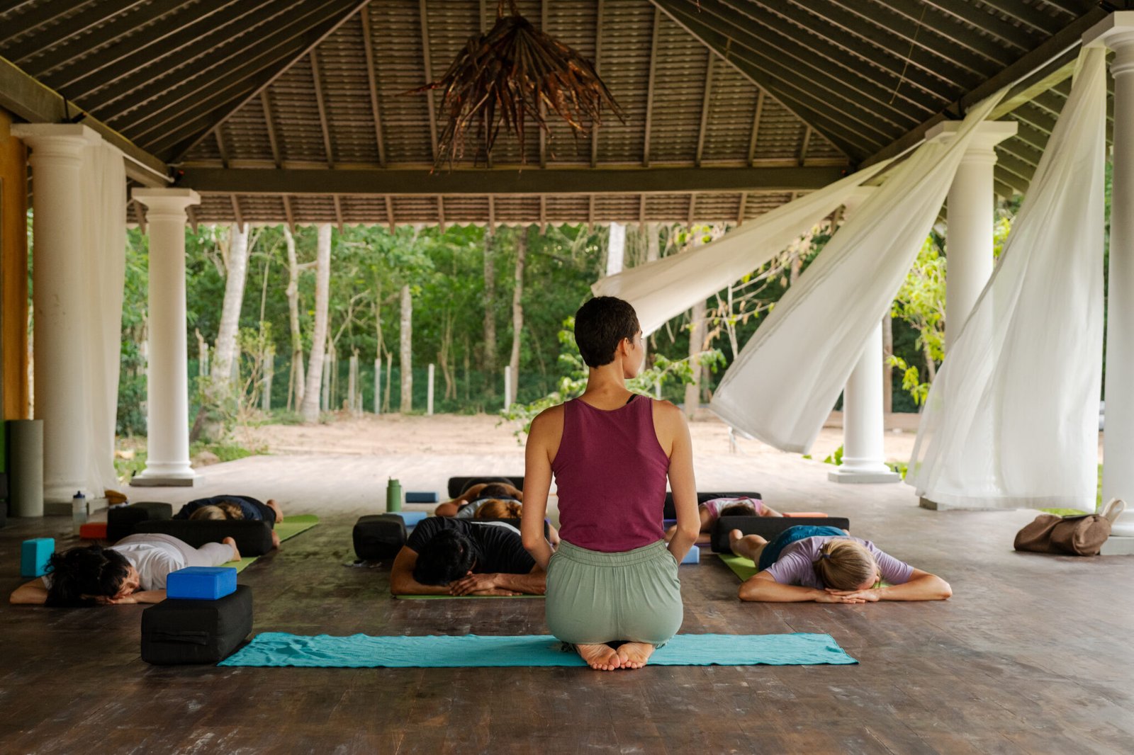 Meditation in Rekawa’s open-air forest pavilion.