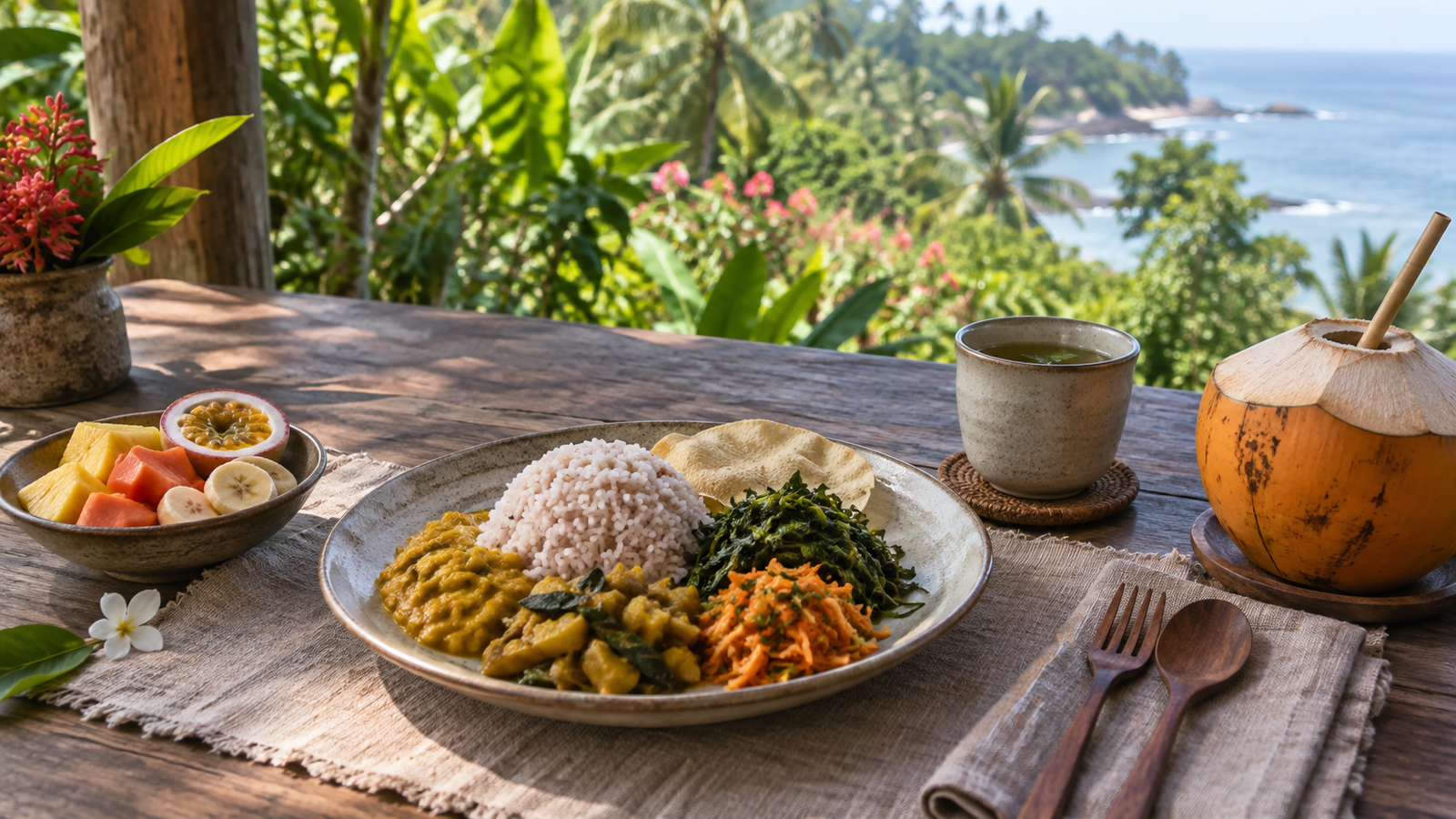 A simple, nourishing Sri Lankan breakfast at a peaceful wellness retreat.
