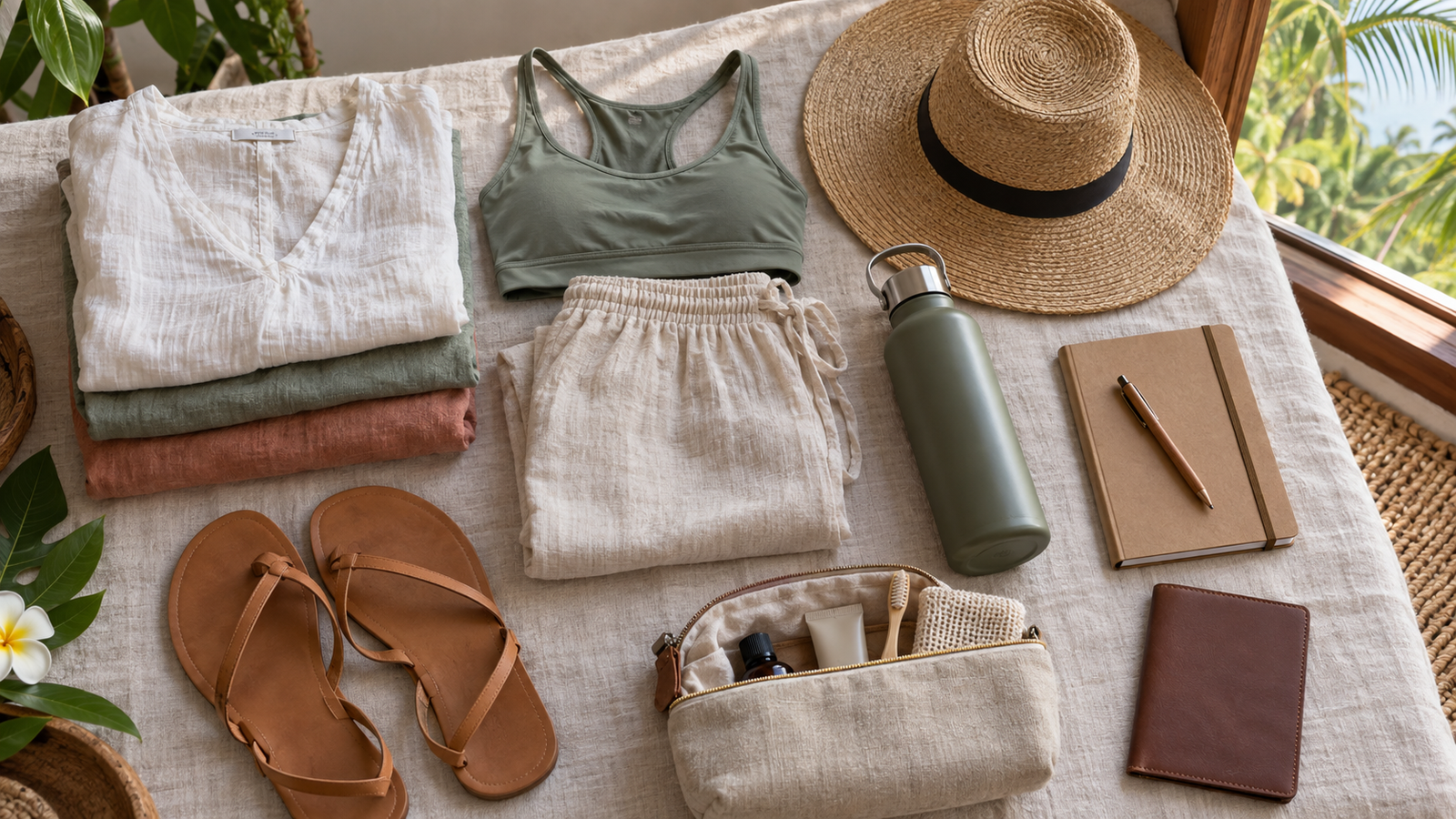Yoga clothes, a notebook and practical essentials arranged for a first retreat.