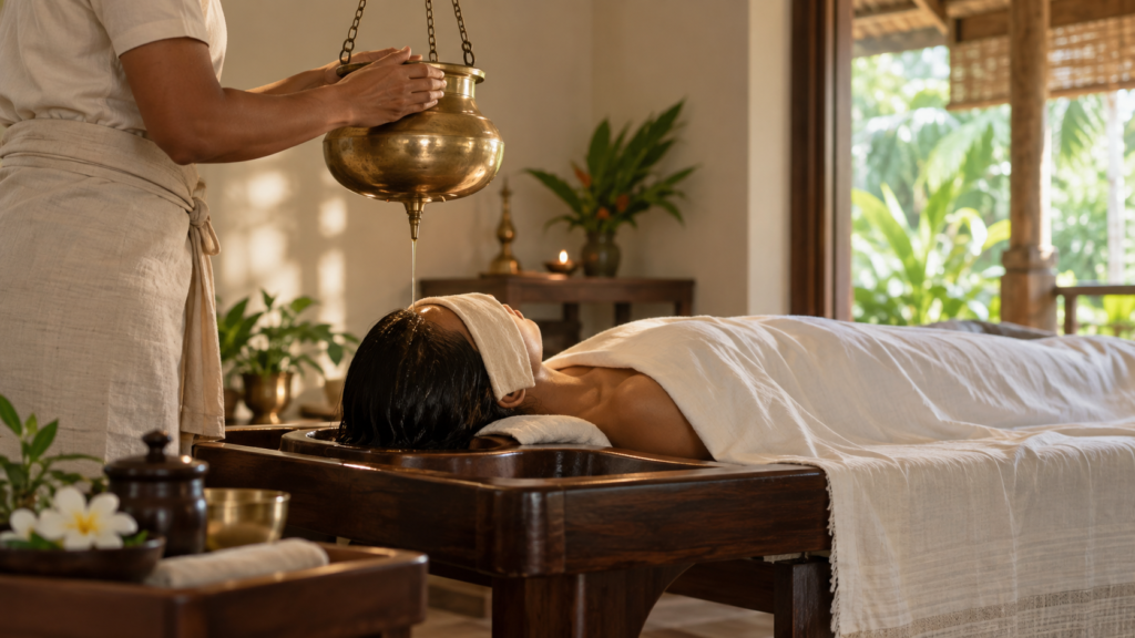 A serene Shirodhara treatment scene with a brass vessel and a restful setting.