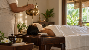 A serene Shirodhara treatment scene with a brass vessel and a restful setting.
