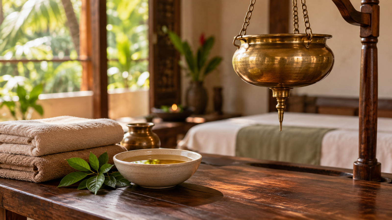 A traditional brass vessel used in a Shirodhara treatment setting.