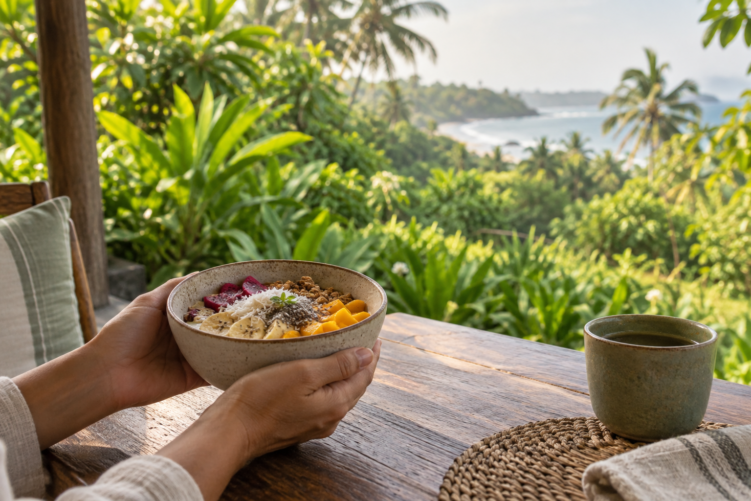 A calm Sri Lankan breakfast table with steamed string hoppers, coconut, fruit and herbal tea in Rekawa’s tropical garden.
