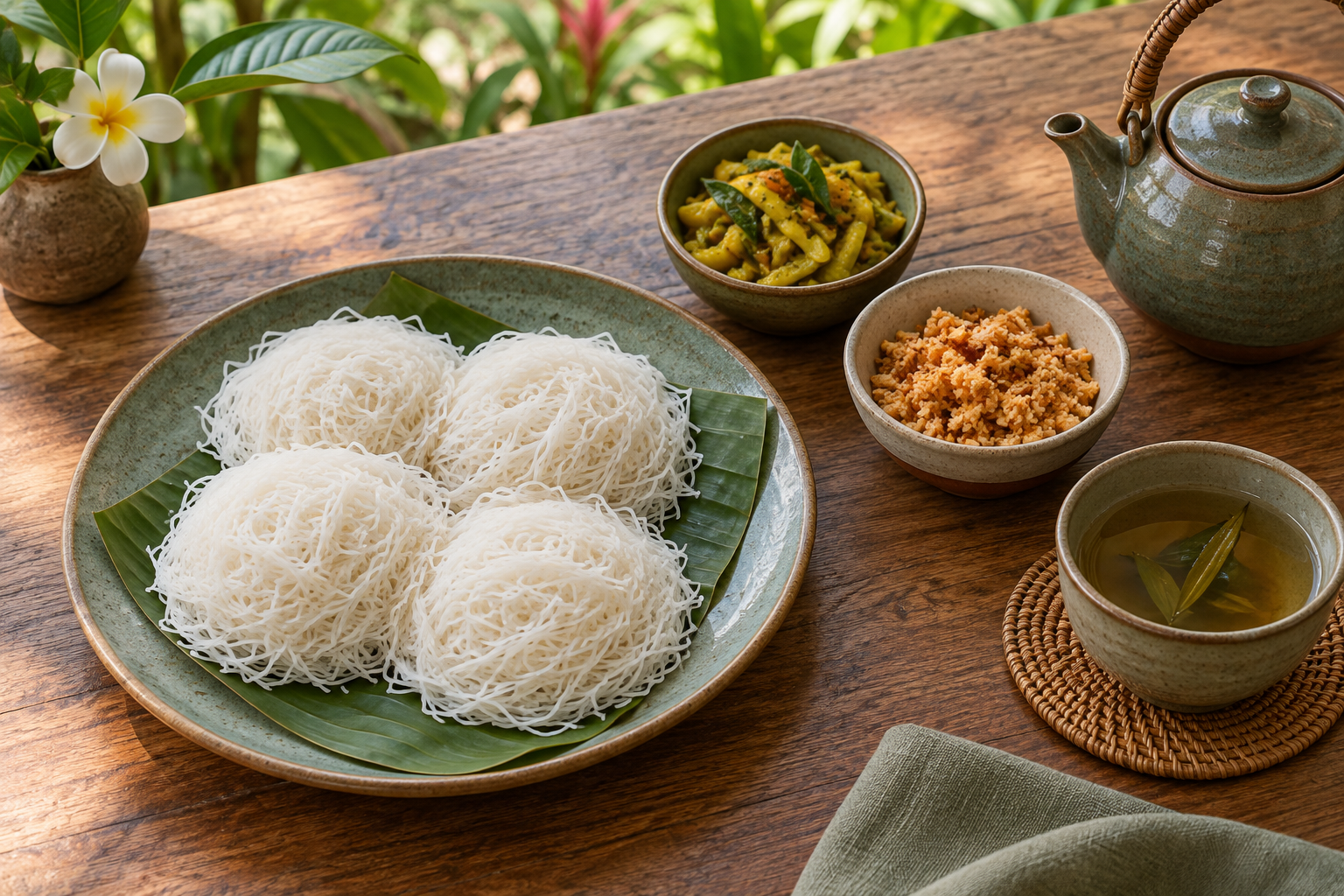 Fresh Sri Lankan string hoppers at breakfast.