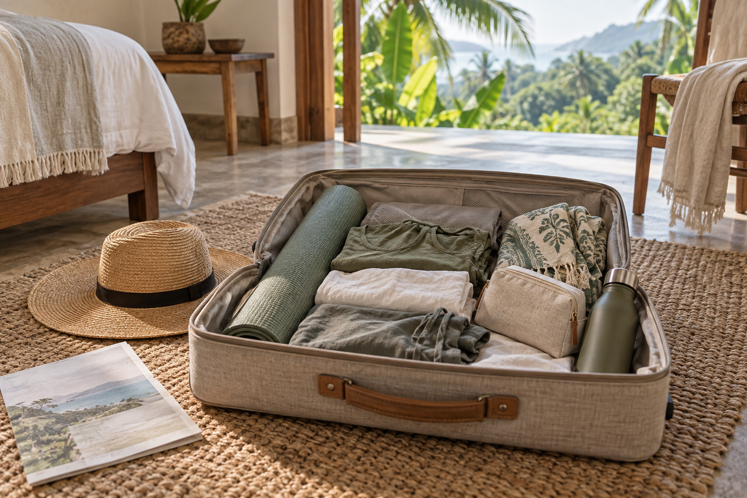A neatly packed open suitcase with light yoga clothes, a reusable water bottle, sun hat and travel documents ready for a Sri Lankan retreat.