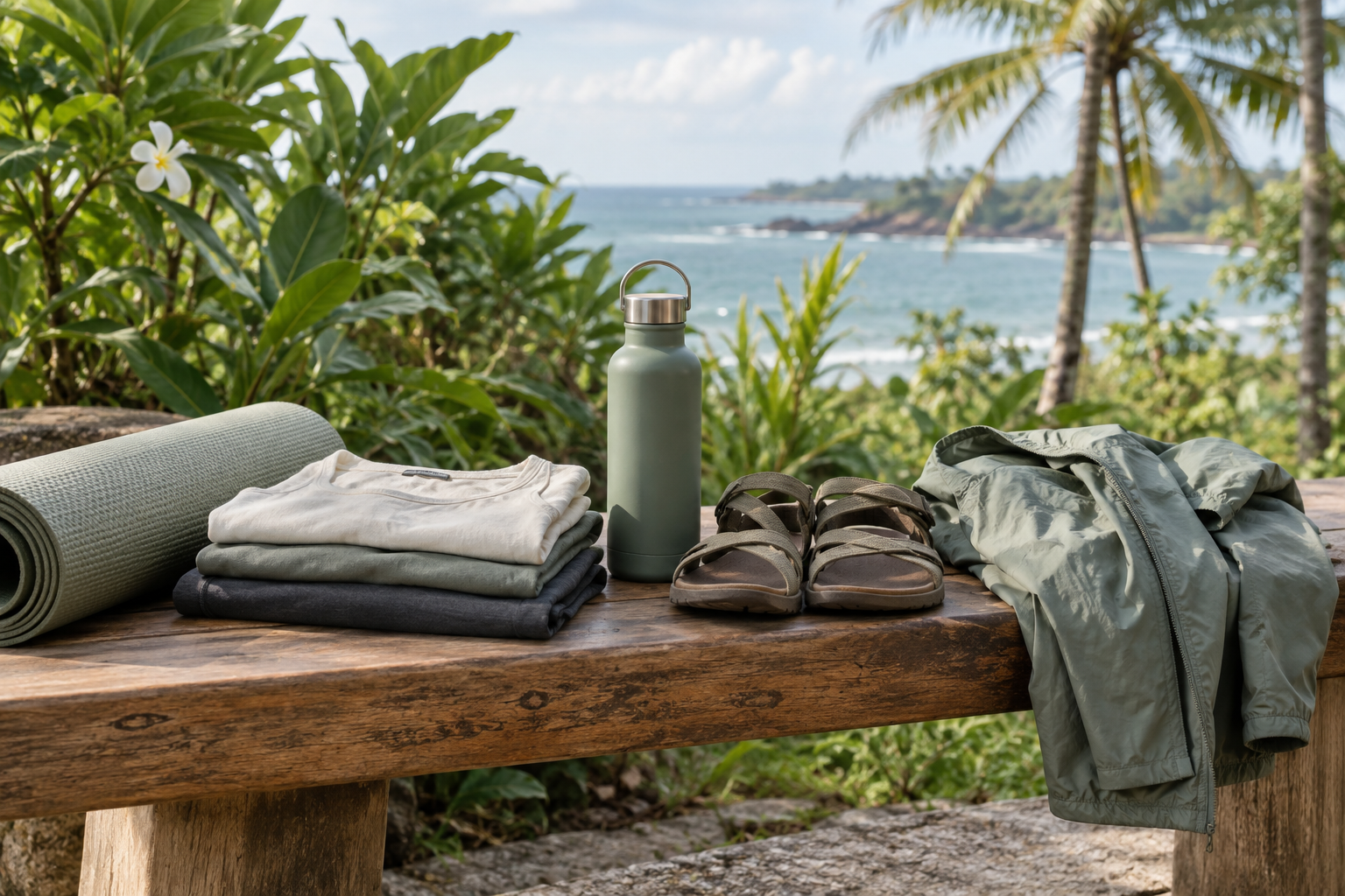 Lightweight yoga clothes and practical items packed for a Sri Lanka retreat.
