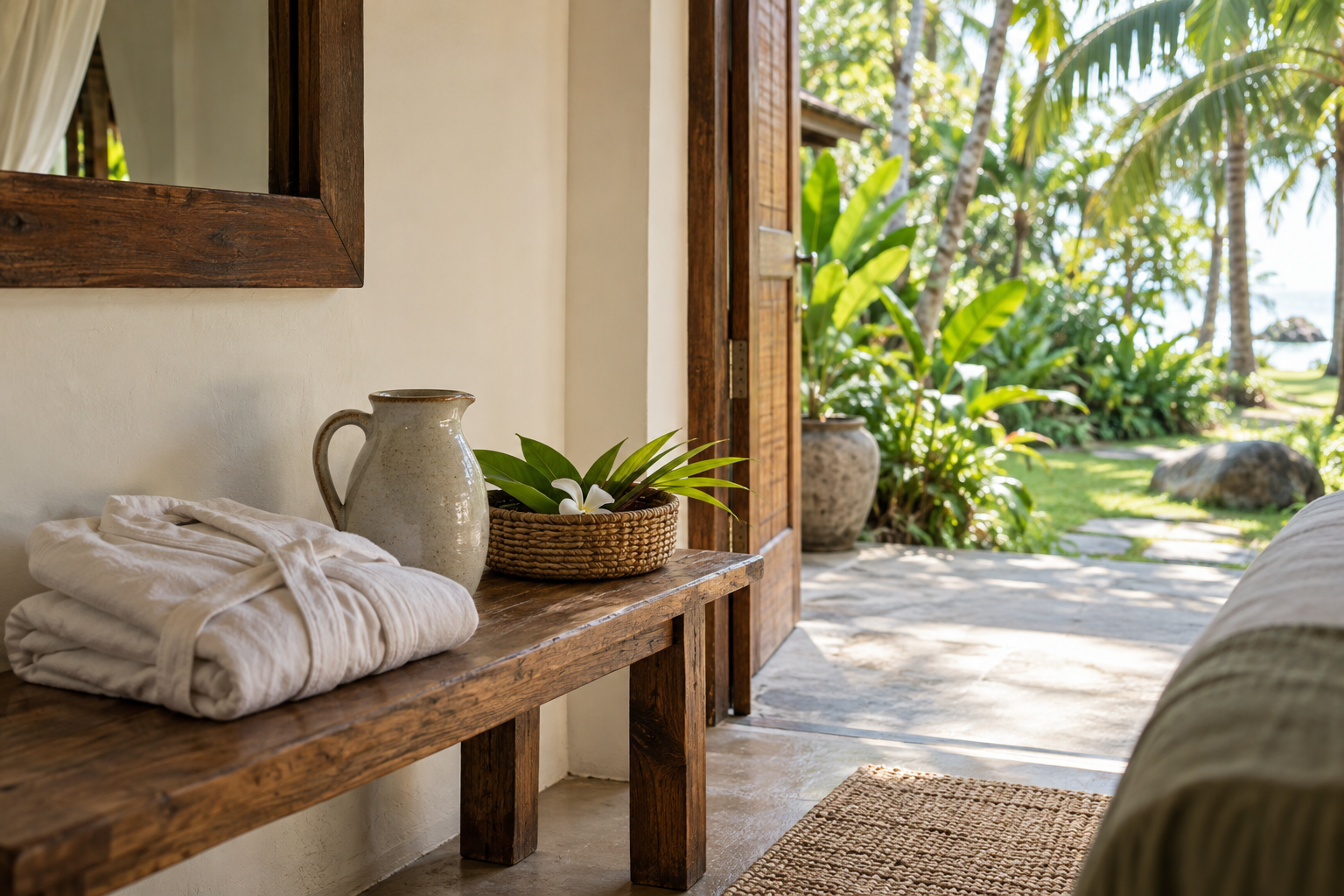 A calm, light-filled room at a Sri Lankan Ayurveda retreat, prepared for a restful stay.