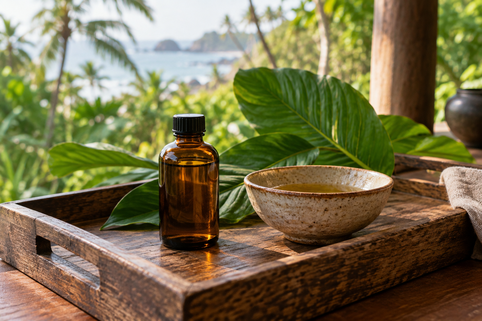 A still life of Ayurvedic oils and natural treatment materials in a peaceful setting.
