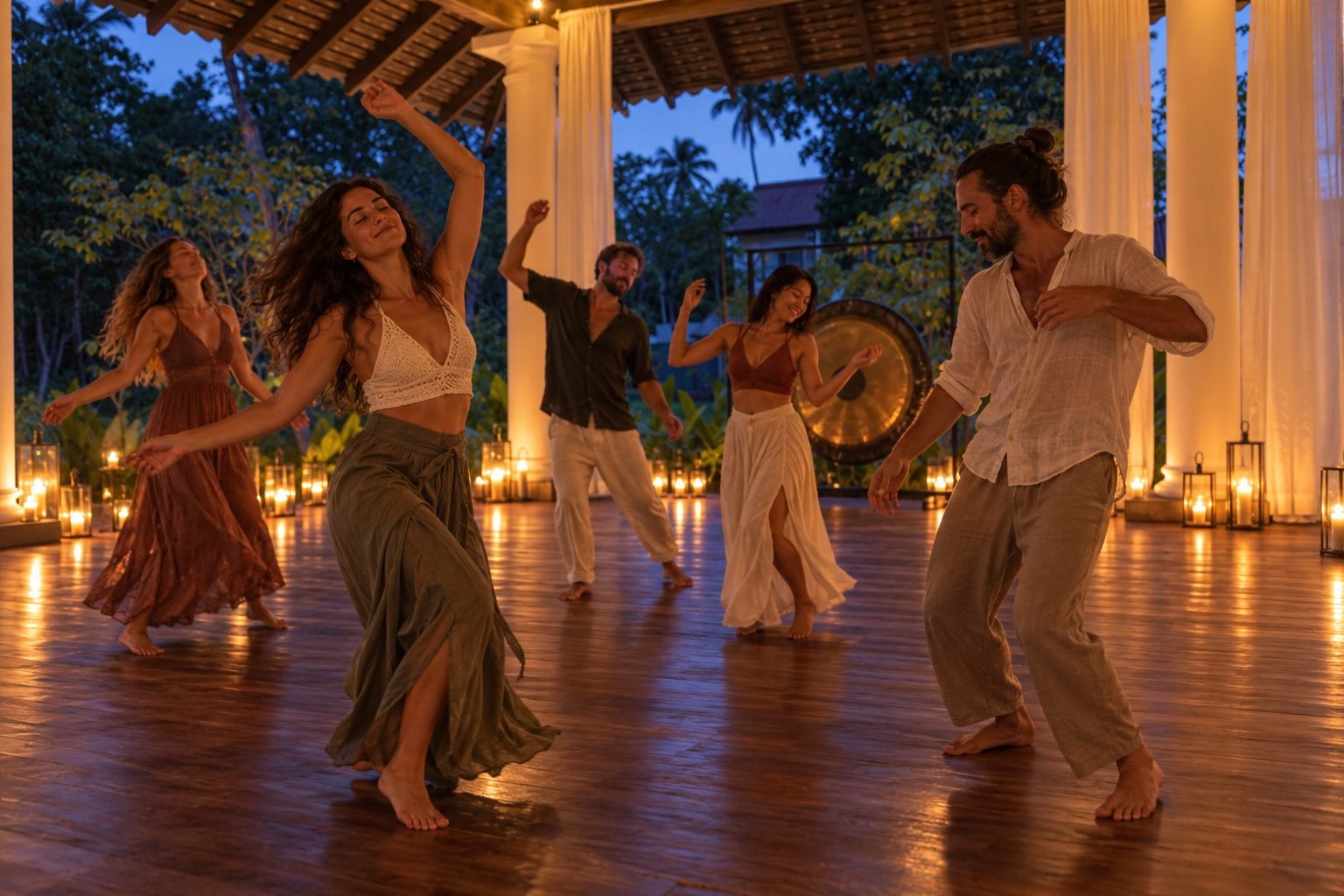 Guests enjoying ecstatic dance by candlelight in Rekawa’s pavilion